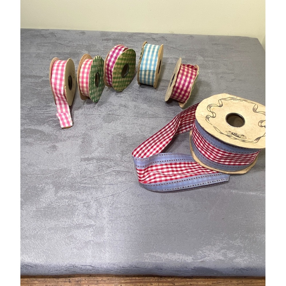 Vintage Gingham Plaid Ribbon Lot 6 Mixed Colors Spools Red Blue Pink Green